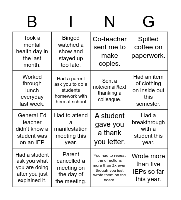 Special Ed Teacher Bingo Card