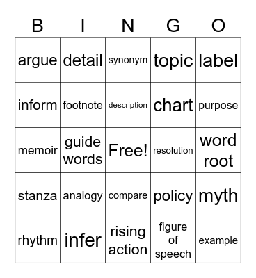 Vocabulary Bingo Card