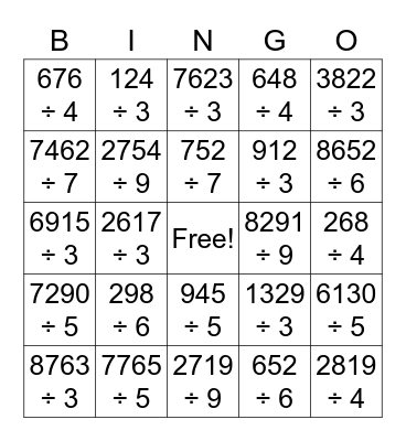 Short Division Bingo Card