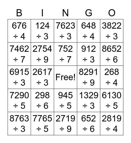 Short Division Bingo Card