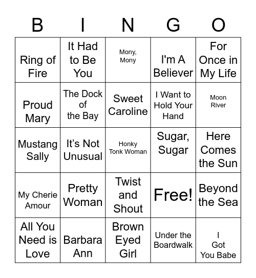 60's Songs Bingo Card