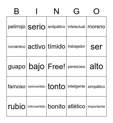 Spanish adjective bingo Card