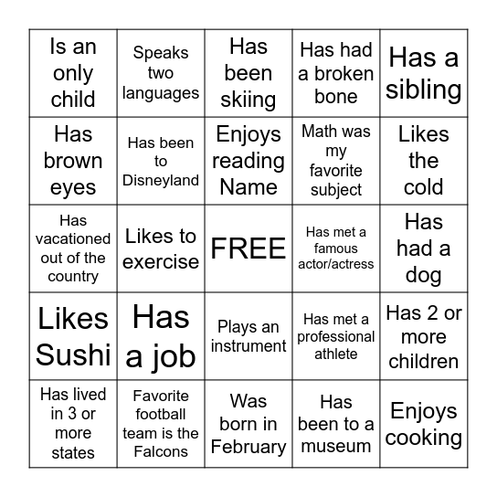 "Get to Know You" Bingo Card