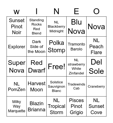 Sunset Point Winery Bingo Card