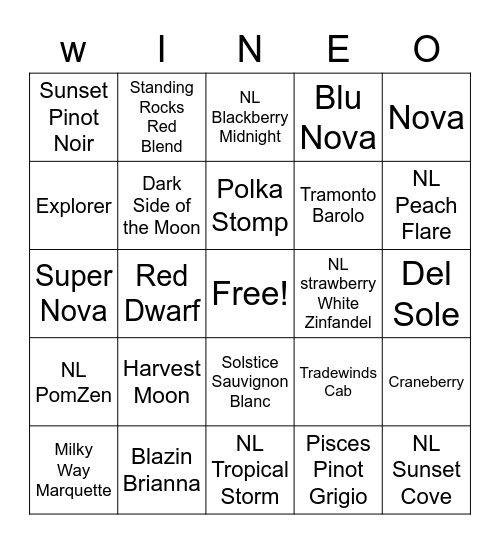 Sunset Point Winery Bingo Card