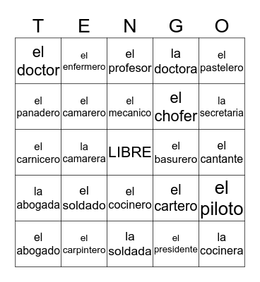 Las Profesiones Bingo Card