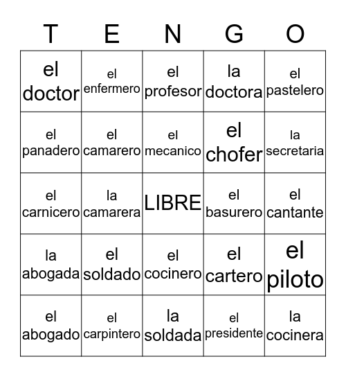 Las Profesiones Bingo Card