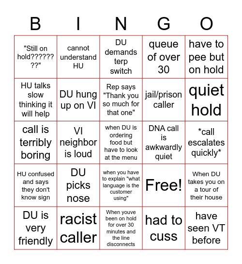 VRS Interpreter Bingo Card