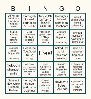 SALES NUGGET BINGO Card