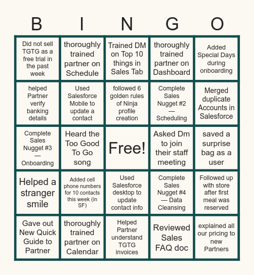 SALES NUGGET BINGO Card