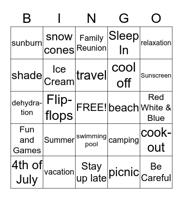 Summer Words Bingo Card