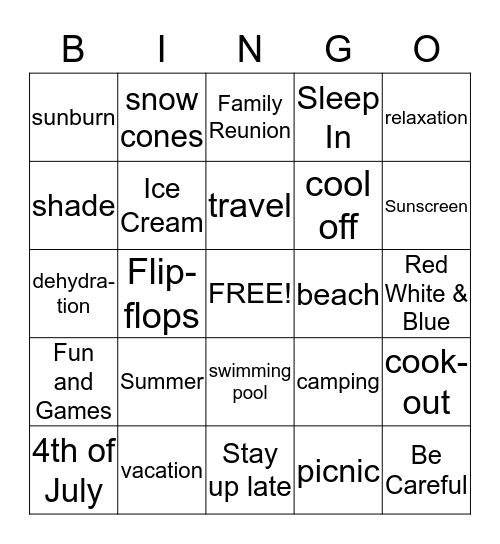 Summer Words Bingo Card