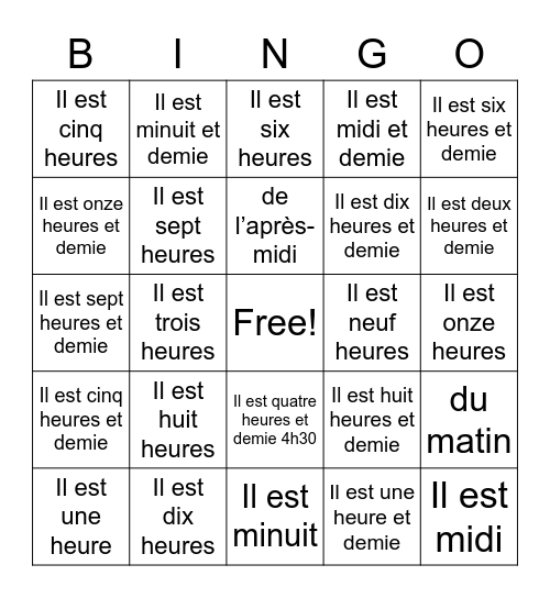 L'HEURE 1 Bingo Card
