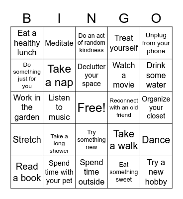 Self Care Bingo Card