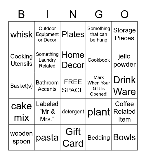 Bridal Shower Gift Bingo Card