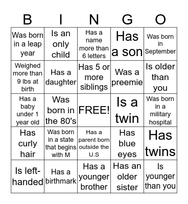 M&M Baby Shower Bingo      Find someone WHOO... Bingo Card