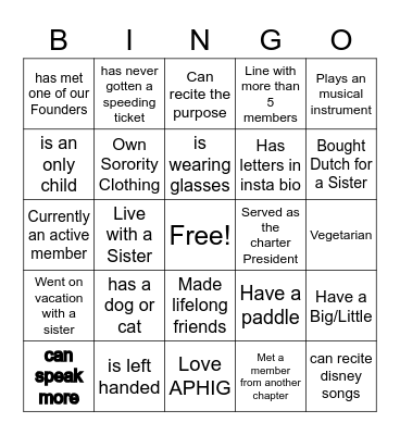 ALPHA PHI GAMMA Bingo Card