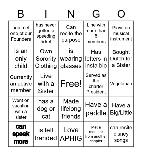 ALPHA PHI GAMMA Bingo Card