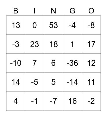 Addition Subtraction integers Bingo Card