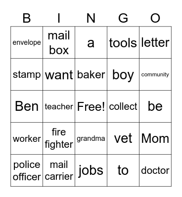 G1 U2 W1 Jobs in the Community Bingo Card