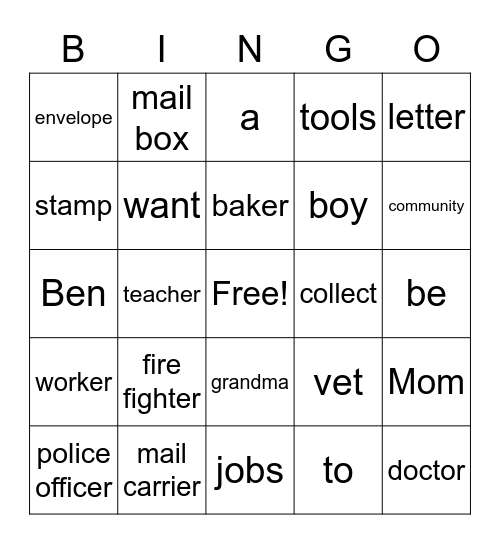 G1 U2 W1 Jobs in the Community Bingo Card