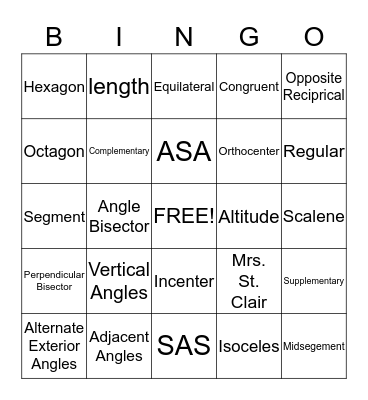 Geometry Honors Bingo Card