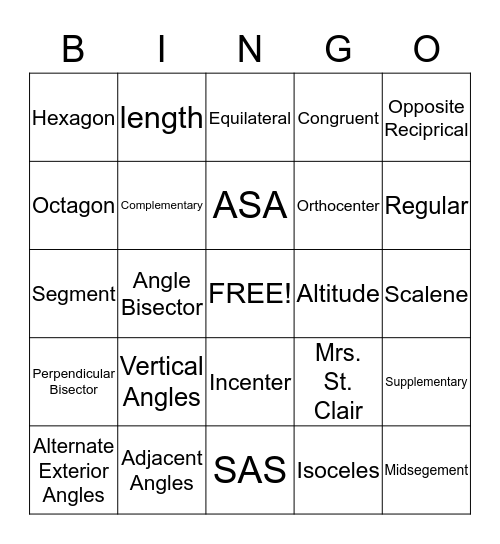 Geometry Honors Bingo Card