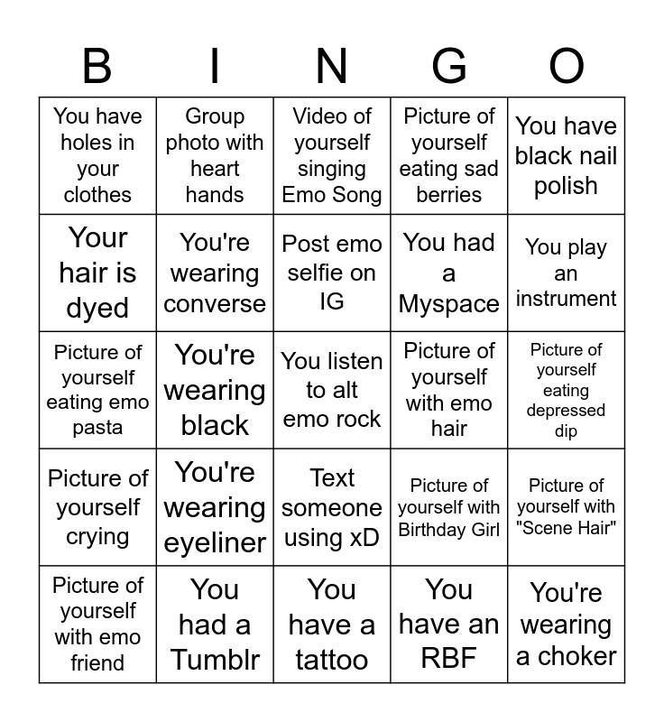 Emo Bingo Card