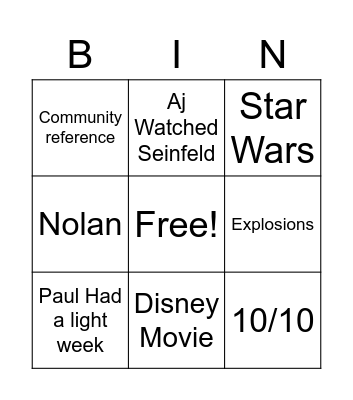 Two Dudes And a Movie BIngo Card