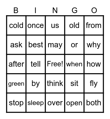 Sight Words Bingo Card