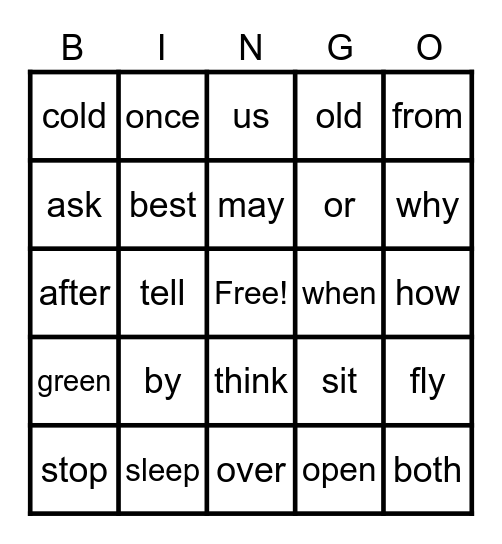 Sight Words Bingo Card