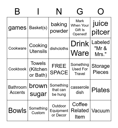 Bridal Shower Gift Bingo Card