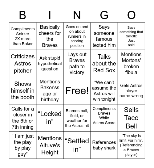 Joe Buck Bingo Card