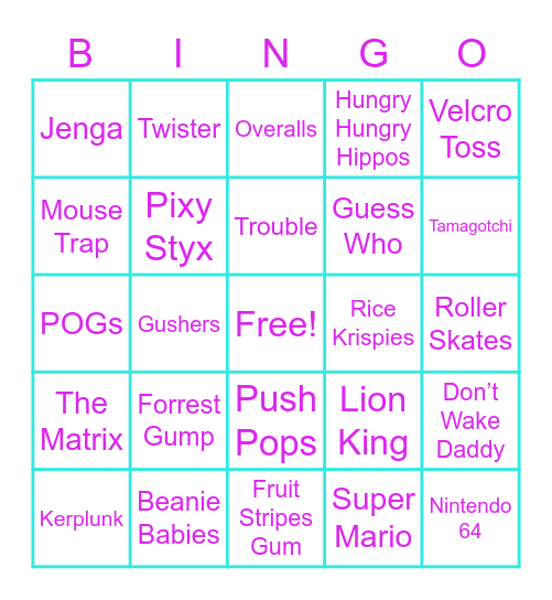 90s Things! Bingo Card