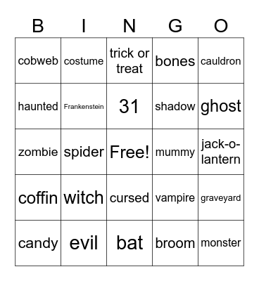 Halloween Themed Bingo Card