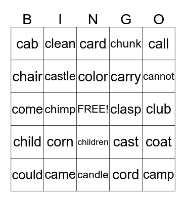 BINGO with C Words Bingo Card