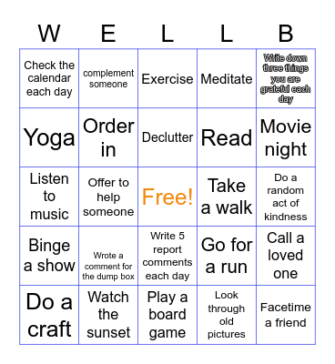 Wellbeing November Challenge Bingo Card