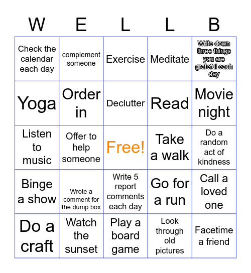Wellbeing November Challenge Bingo Card