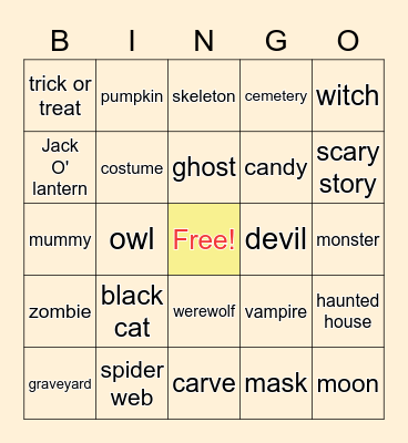 Halloween Words Bingo Card