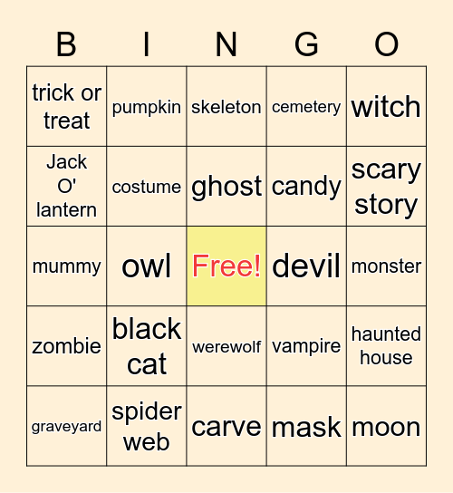 Halloween Words Bingo Card