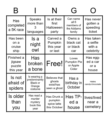 Halloween : Get to know your friends Bingo Card