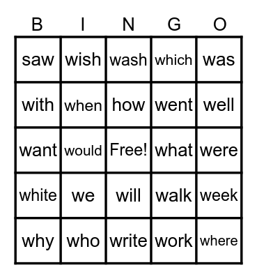 "W" WORDS Bingo Card