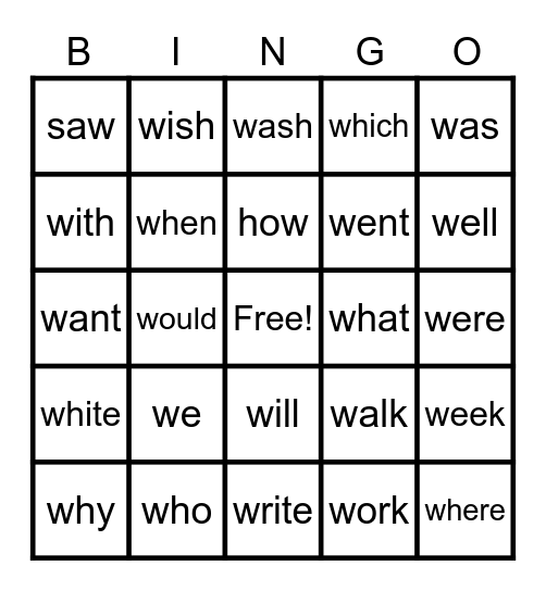 "W" WORDS Bingo Card