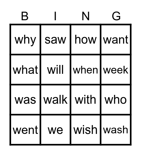 "W"  WORDS Bingo Card
