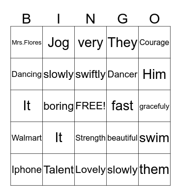 Parts of Speech Bingo Card