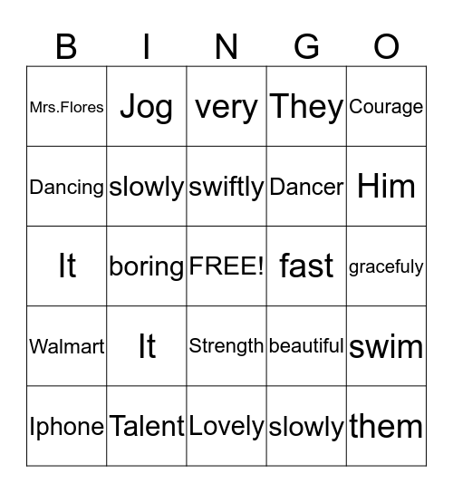 Parts of Speech Bingo Card