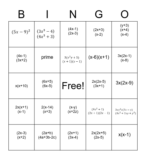 Test Review - Factoring Bingo   PAP Bingo Card
