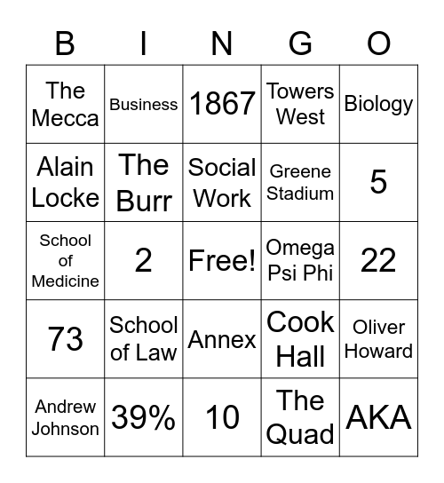 HOWARD UNIVERSITY Bingo Card