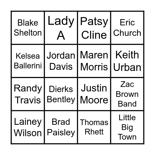 Country Artist Bingo Card