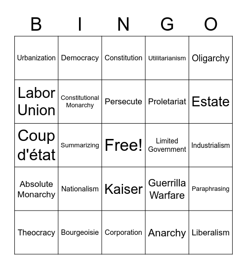 Unit 2 - Revolutions Vocabulary Bingo Card